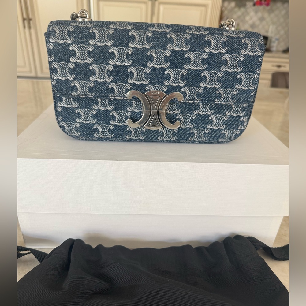 CELINE Authentic NWT CLAUDE DENIM WITH TRIOMPHE ALL-OVER Shoulder Bag